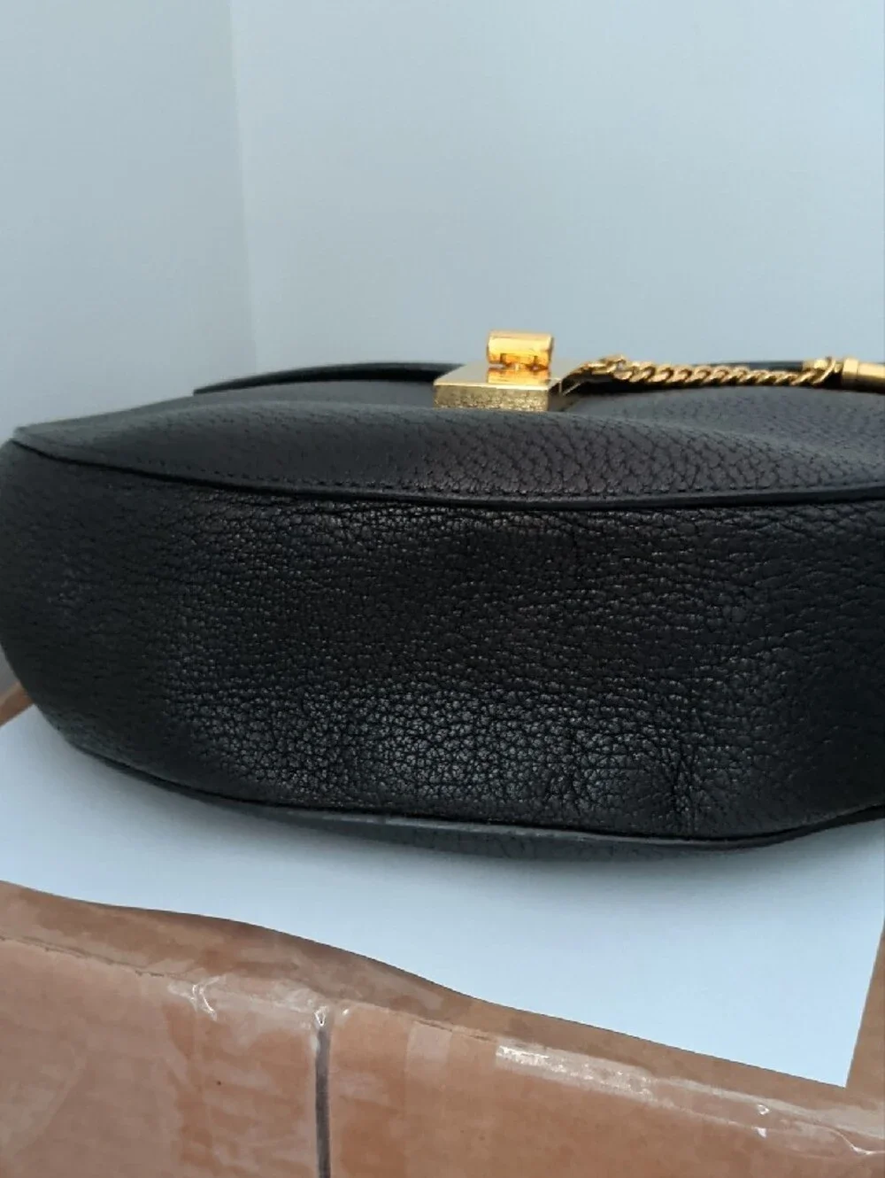 Chloe Drew Black Pebbled Leather Crossbody Bag with Gold Hardware